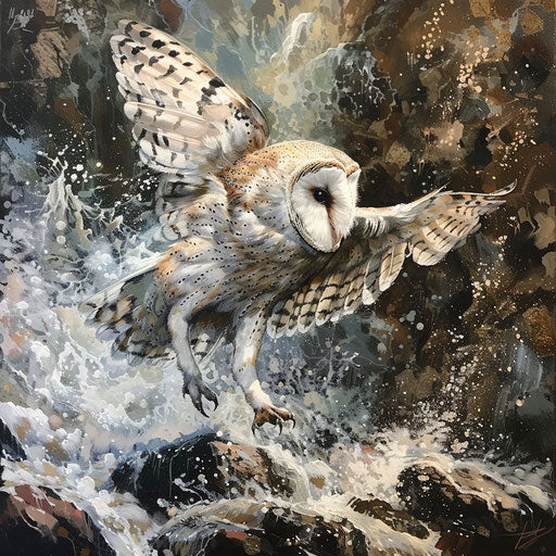 Spotted white owl in dynamic pose on ledge overlooking thunderous river