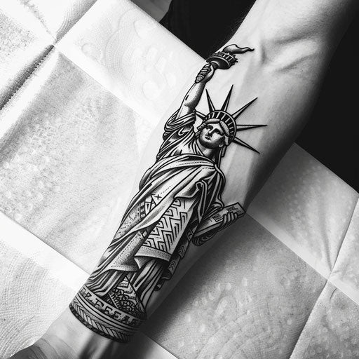 Traditional Maori inspired tattoo sketch of the Statue of Liberty with tribal patterns and bold black ink