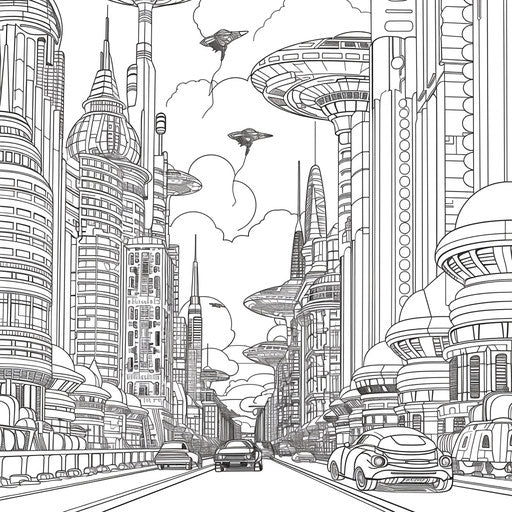 Futuristic city with skyscrapers and flying cars