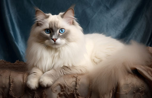The softest cat breed of them all, in the style of beige and azure, white and magenta, light white and dark azure, hazy romanticism, light beige, white and azure, iconic 17:11