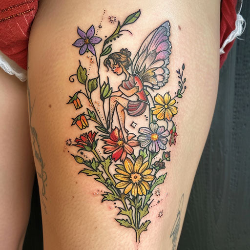 Wildflower tattoo with fairy, whimsical elements