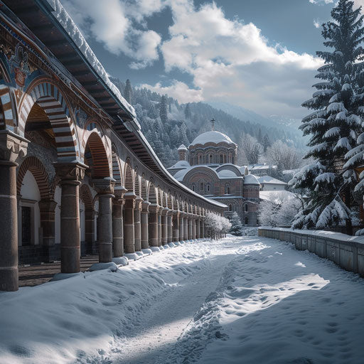 Rila Monastery in winter, snow-capped and serene
