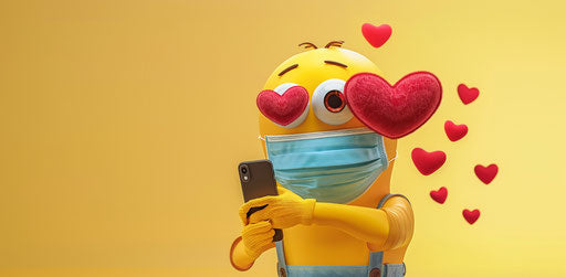 Emoji with hearts in a mask holding phone camera