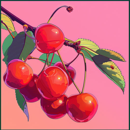 Cherry illustration in photo realistic style with a flat random background, high contrast and saturated hues