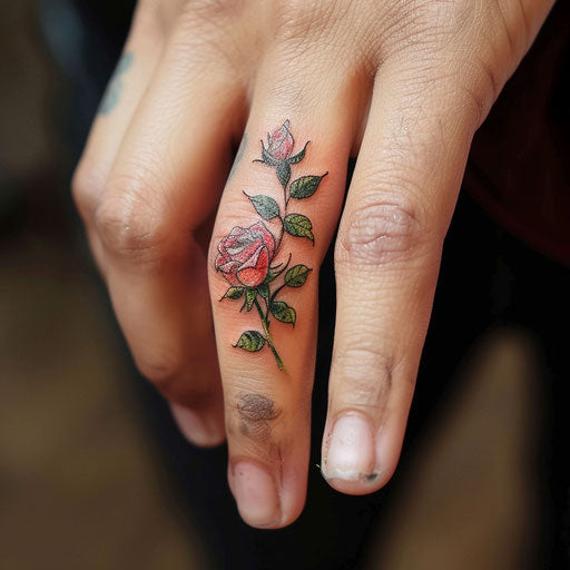 Ring tattoo of a classic rose, in the style of Ed Hardy, on the finger