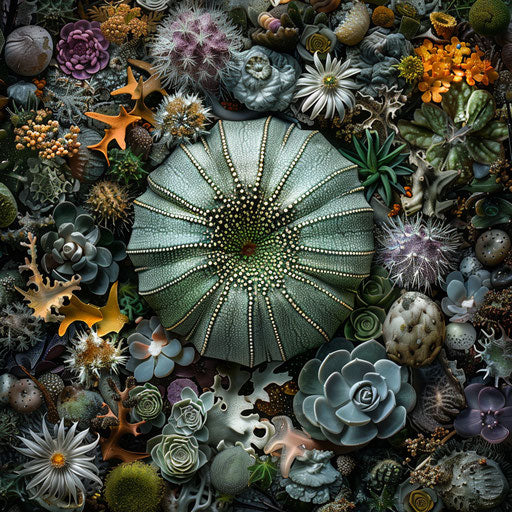 Sea urchin among a variety of sea plants and creatures