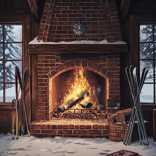 Brick fireplace in a ski lodge