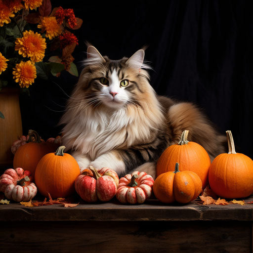 Norwegian forest cat resting with pumpkins