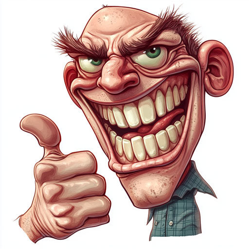 Humorous caricature of a powerful cartoon with human features, exaggerated grin teeth, hands fingers, festive scene, vibrant colors, cartoon style, thumbs down -c 40