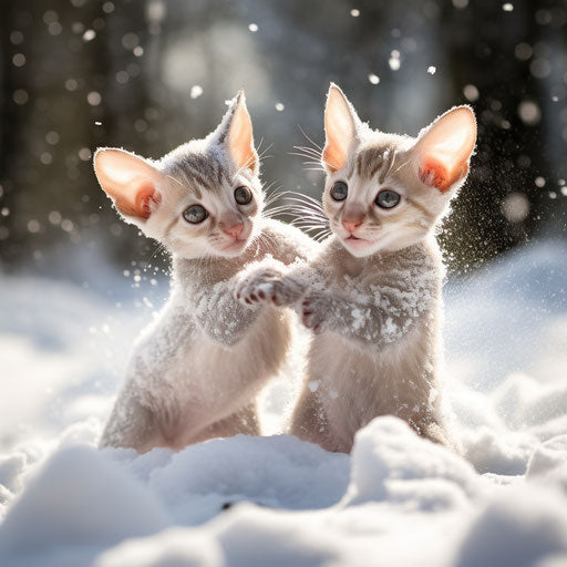 Oriental shorthair cat kittens playing in the snow