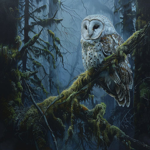 White owl on mossy branch in ancient forest at dusk
