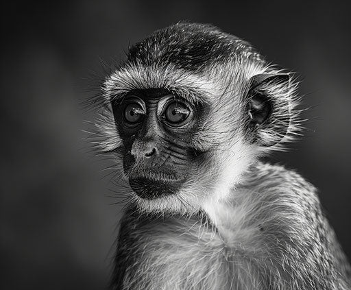 Closeup black and white portrait of vervet monkey