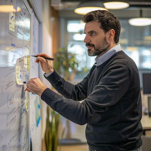 Businessman in a modern office, writing on a whiteboard with innovative ideas