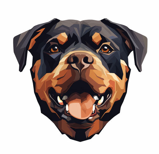 Rottweiler's head and ears on white background, animated exuberance style, dark orange and dark maroon