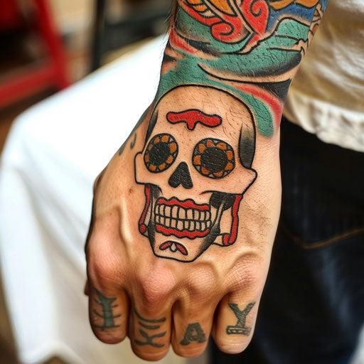 Men's wrist tattoos featuring a traditional skull