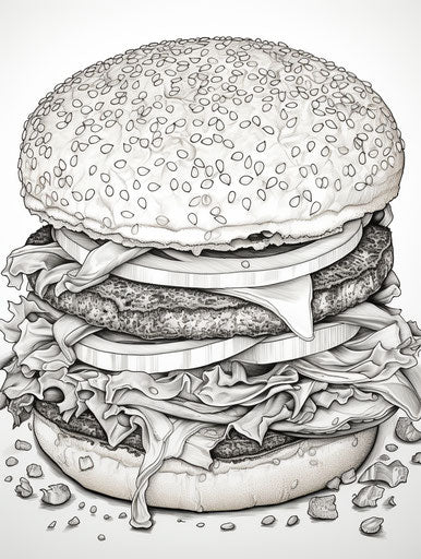 Burger coloring page with sandwich, multilayered texture style