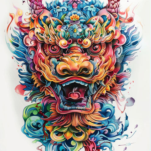 Intricate foo dog tattoo with vibrant colors on white background