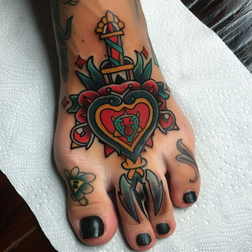 Foot tattoos in the style of Ed Hardy with a classic heart and dagger