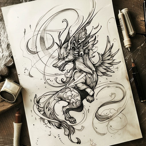 Flat lively tattoo sketch of a playful spirit creature guiding a dream journey