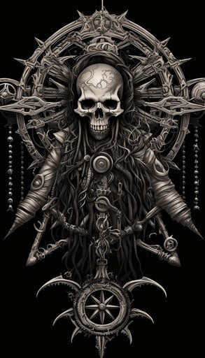 Black symbol with soldier, Lovecraftian style, detailed linework