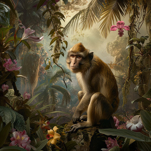 Rhesus monkey in a fantastical jungle