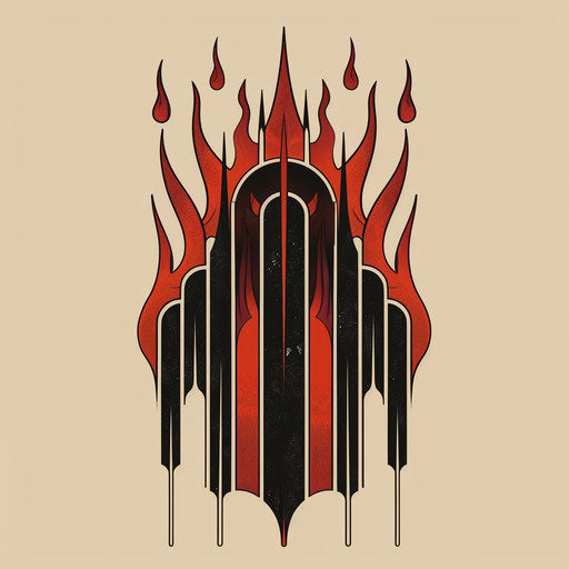 Flat tattoo sketch inspired by art deco with stylized gate of hell and symmetrical flames