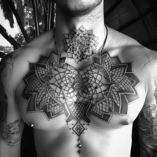 Intricate geometric chest tattoo for men