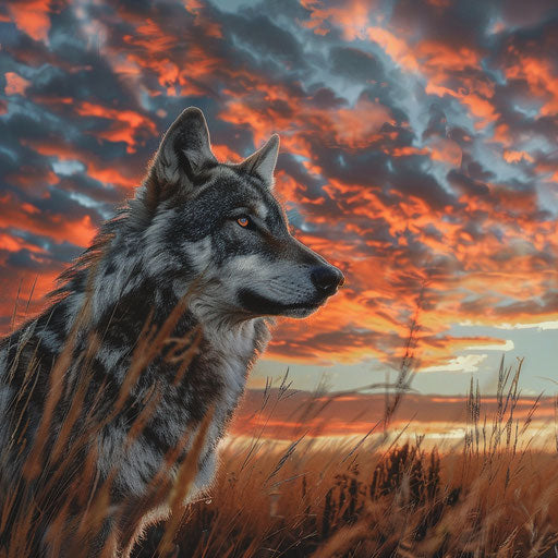 Wolf in a grassy field at sunset