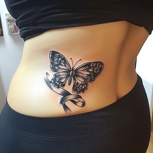 Cancer tattoo with a butterfly emerging from a ribbon in the style of Glenn Fabry