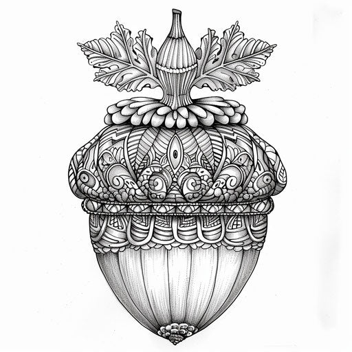 Detailed illustration of an acorn with patterns on its cap