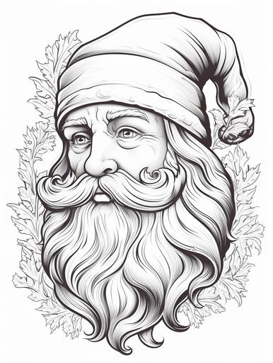 Coloring page featuring cartoon Santa Claus with beard