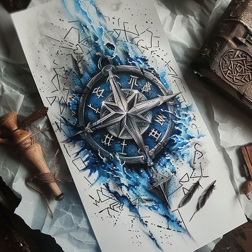Viking compass and Norse runes in the storm