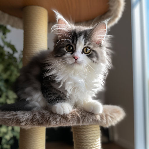 Grey and white kitten on pet tree stand, calming style