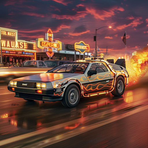 Retro car with flame decals on classic diner boulevard