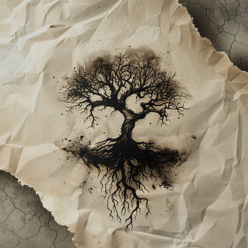 Gothic style tree of life tattoo drawing on white parchment