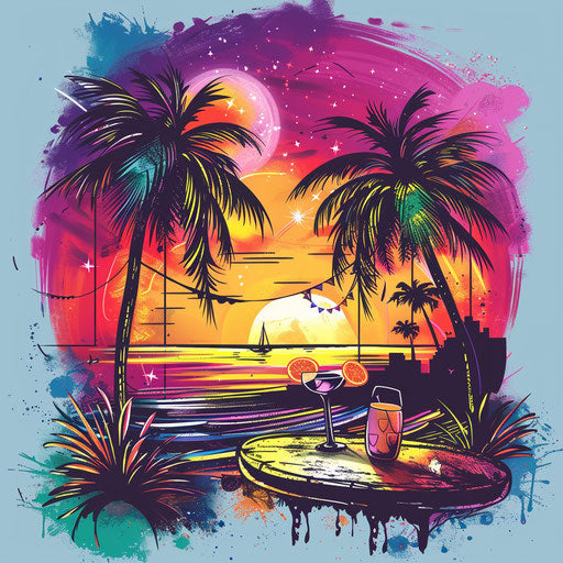 Beach party scene with palm trees and sunset
