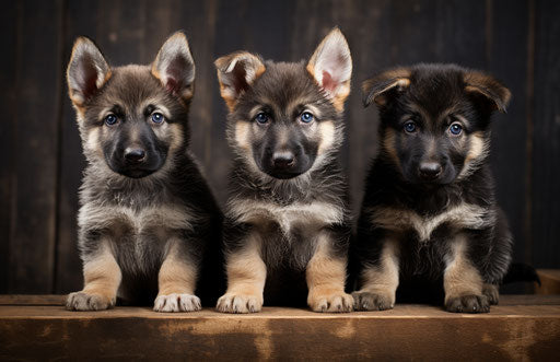Three german shepherd pups on white bg, karencore style