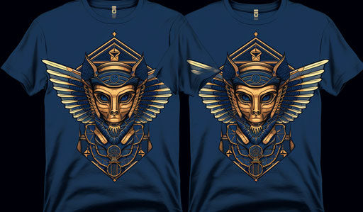 Pharaoh head tshirt illustration with wings, dark indigo style