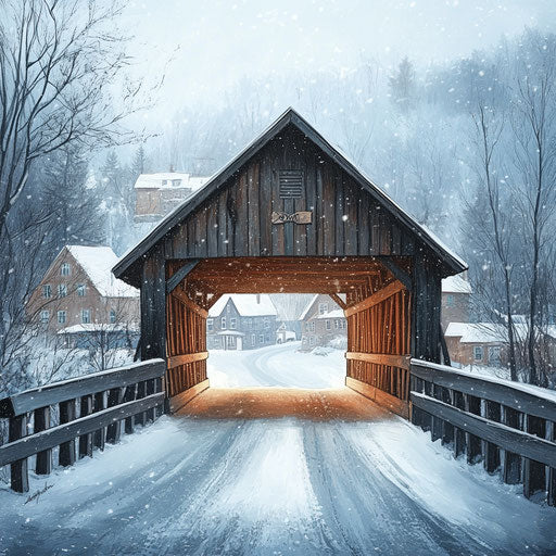 Wooden covered bridge over road in winter, village in background, detailed painting