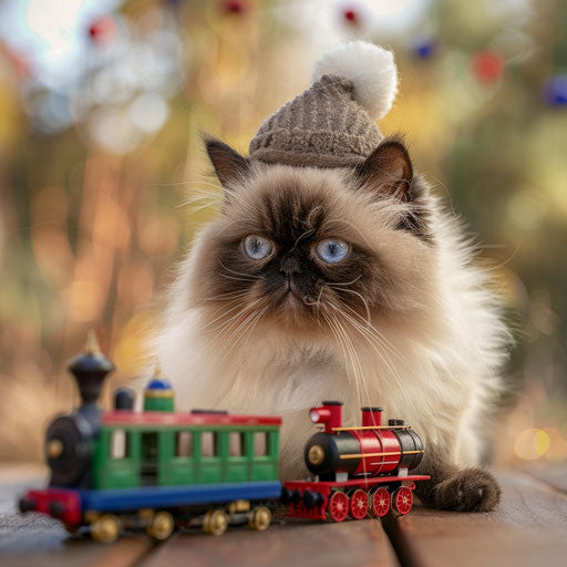 Himalayan cat in a small hat beside a toy train