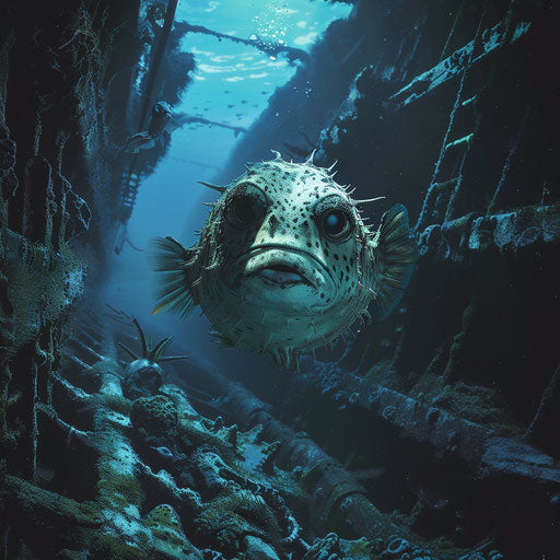Puffer fish exploring a sunken wreck