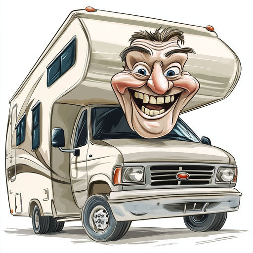 Humorous caricature of a camper with human characteristics