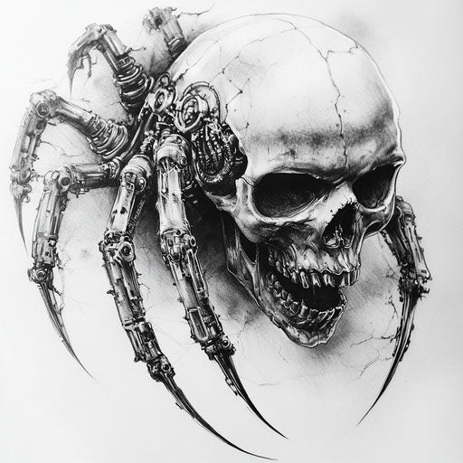 Men's skull tattoos with mechanical spider design