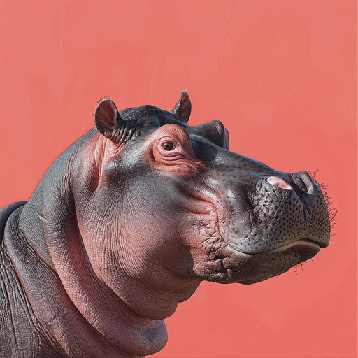 Realistic hippo clipart on flat, vibrant coral background