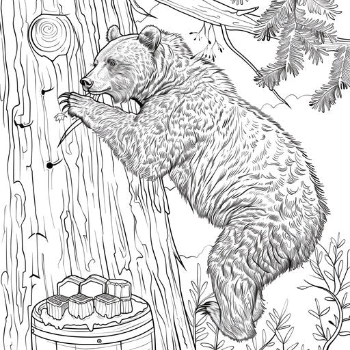 A brown bear climbs a tree to reach a beehive