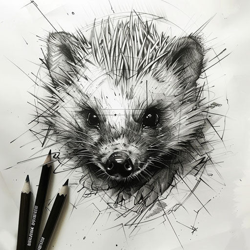 Graphic tattoo sketch of a hedgehog with sharp lines and a clean, modern look