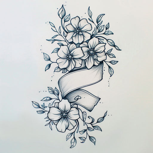 Floral ribbon tattoo sketch with blooming flowers and vines