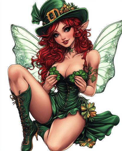 Irish fairy in hat with four-leaf clovers, sitting down