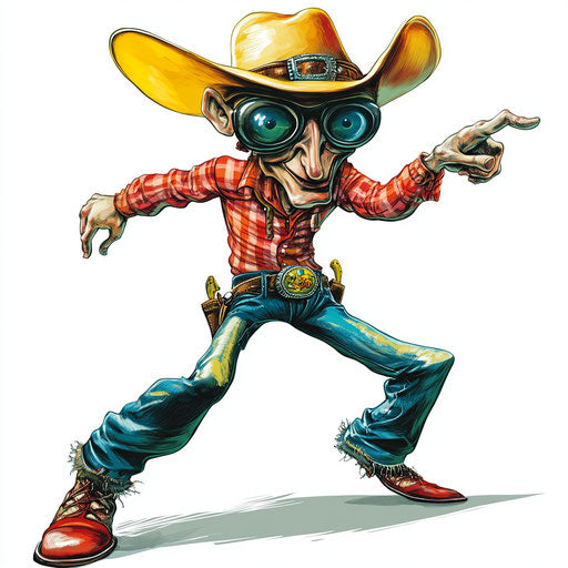 Humorous caricature of a rodeo clipart with human characteristics and exaggerated expressive eyes