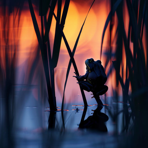 Frog silhouette at twilight, poised on a reed by a tranquil riverbank